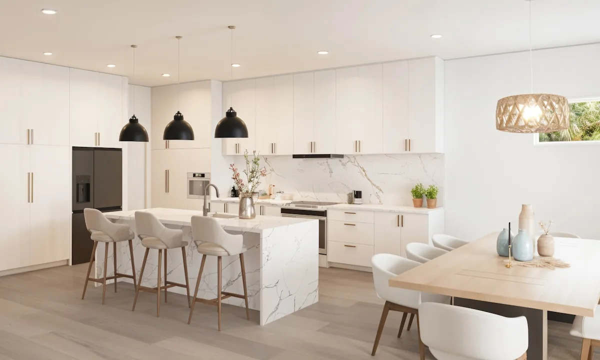 Waterfall-edge quartz island with full-height slab backsplash, Palo Alto kitchen