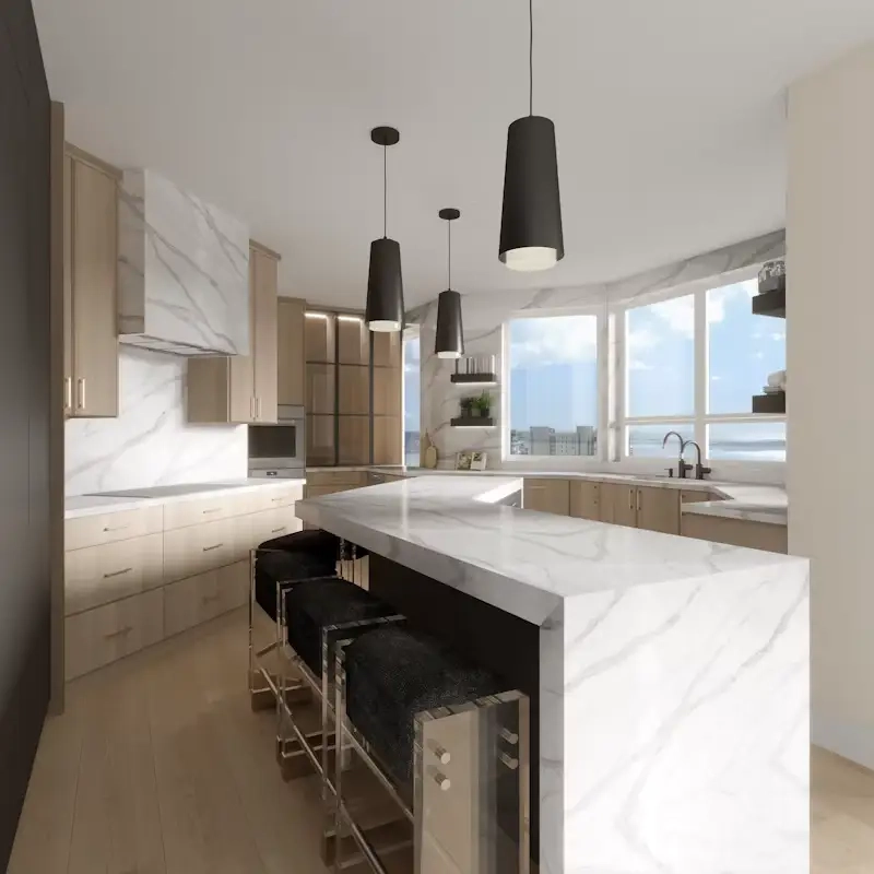 Kitchen island with black pendant lighting and marble slab backsplash