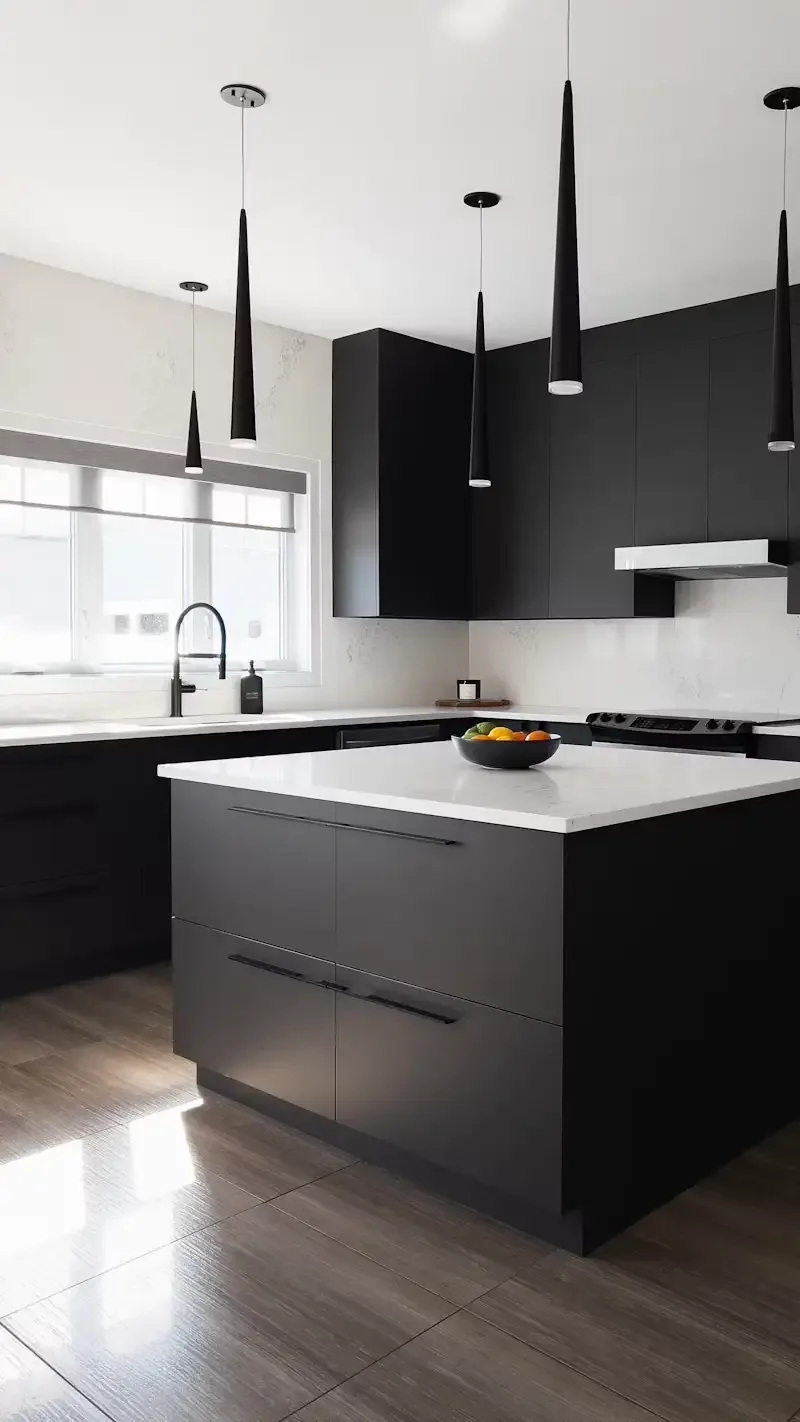 Matte black kitchen cabinetry with white quartz island countertop