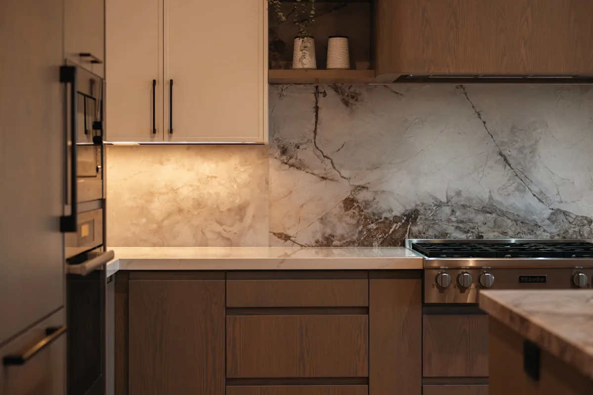 Luxury kitchen with book-matched stone backsplash and integrated panel-front appliances