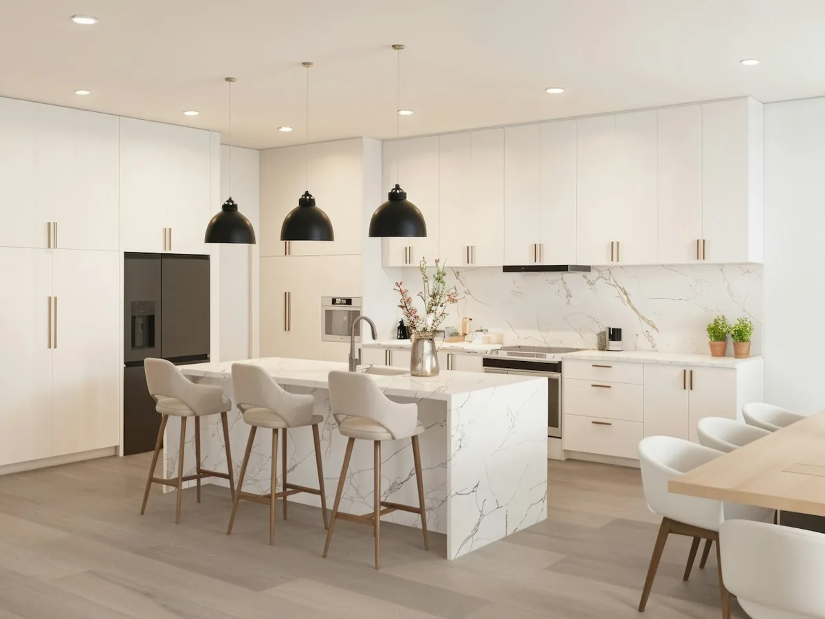 Luxury kitchen with a white marble waterfall island, black pendant lighting, and marble slab backsplash